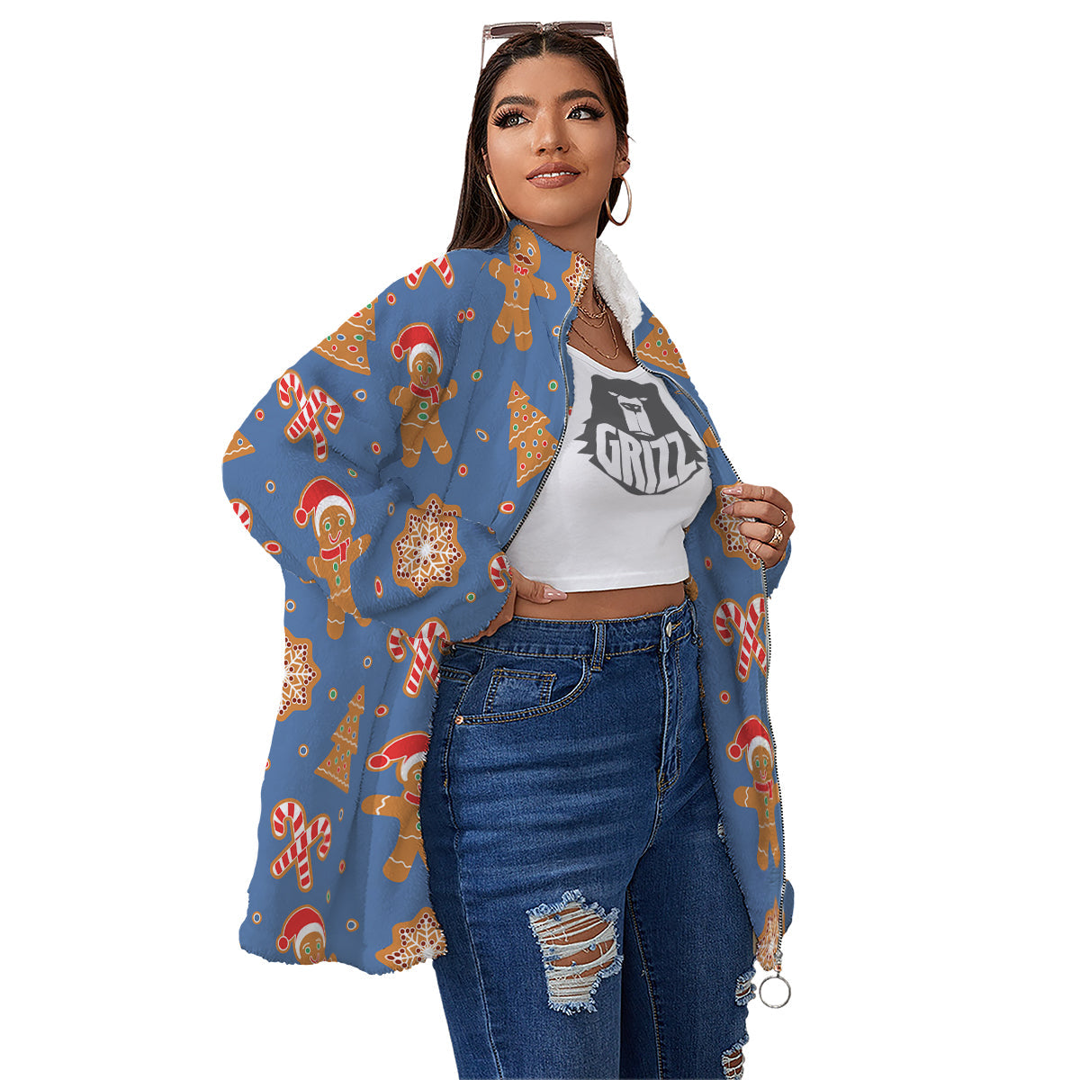Gingerbread Man Xmas Print Pattern Women's Sherpa Jacket-grizzshop