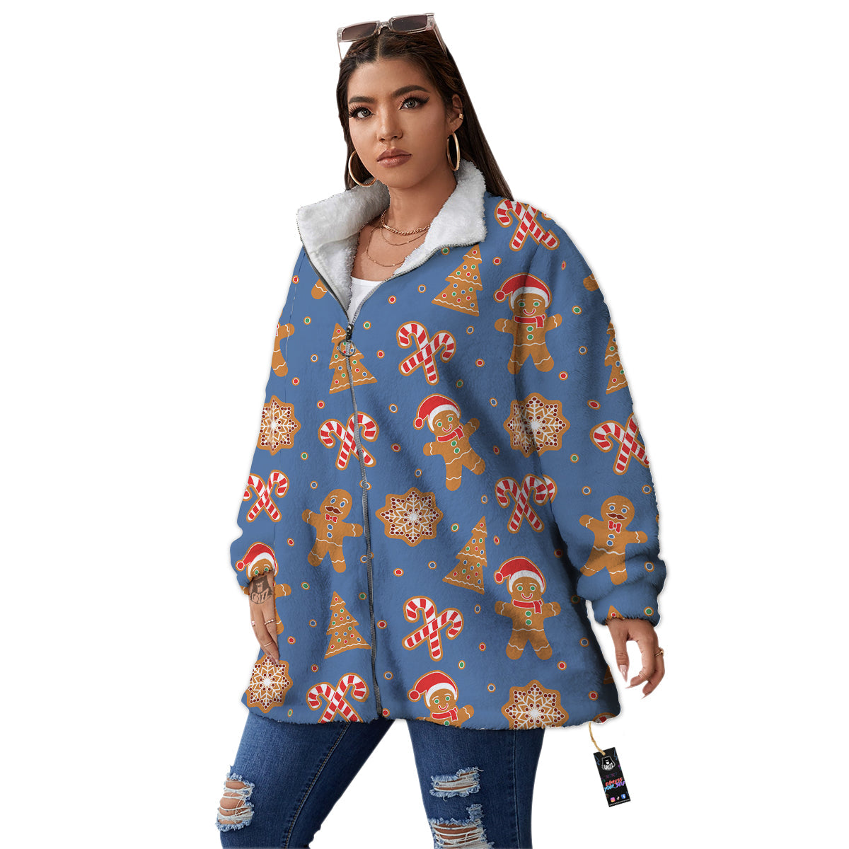 Gingerbread Man Xmas Print Pattern Women's Sherpa Jacket-grizzshop
