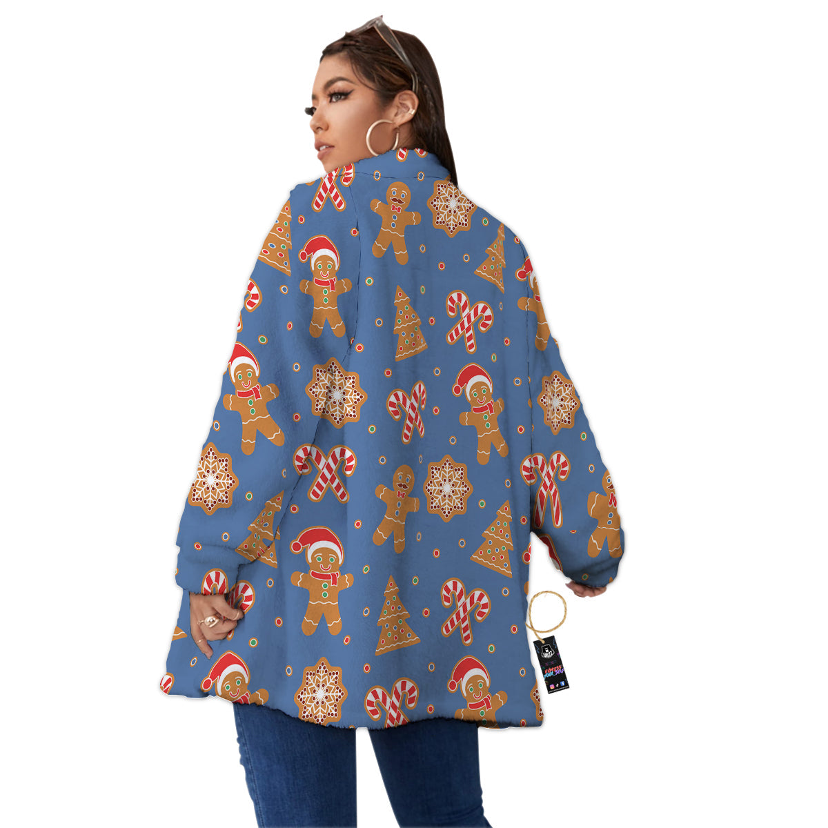 Gingerbread Man Xmas Print Pattern Women's Sherpa Jacket-grizzshop