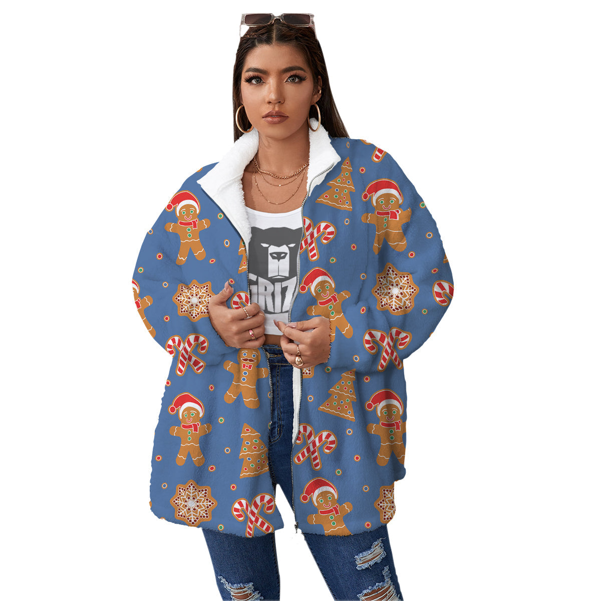 Gingerbread Man Xmas Print Pattern Women's Sherpa Jacket-grizzshop