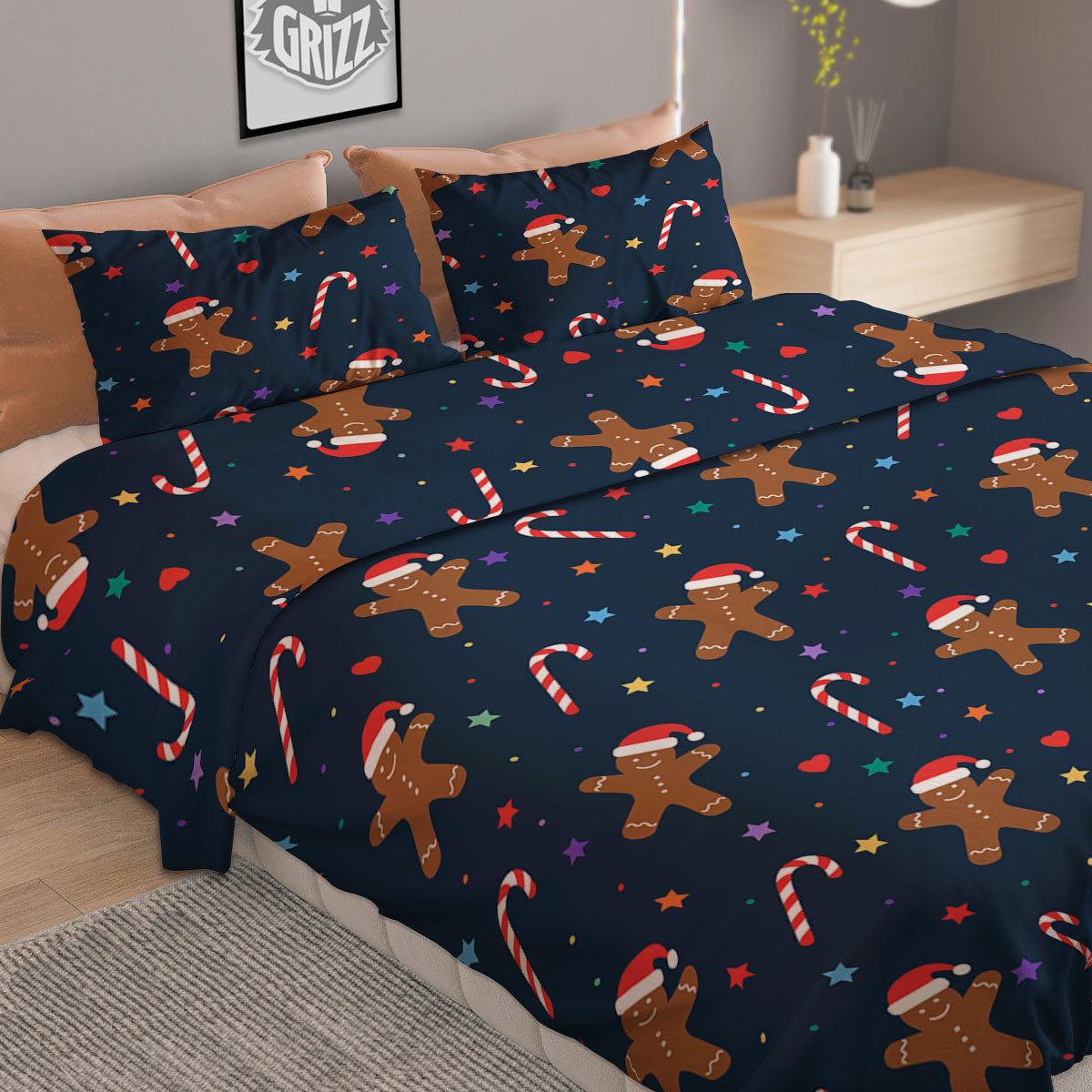 Gingerbread Xmas Print Pattern Duvet Cover Bedding Set