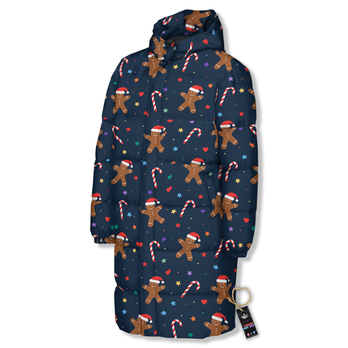 Gingerbread Xmas Print Pattern Long Down Jacket-grizzshop