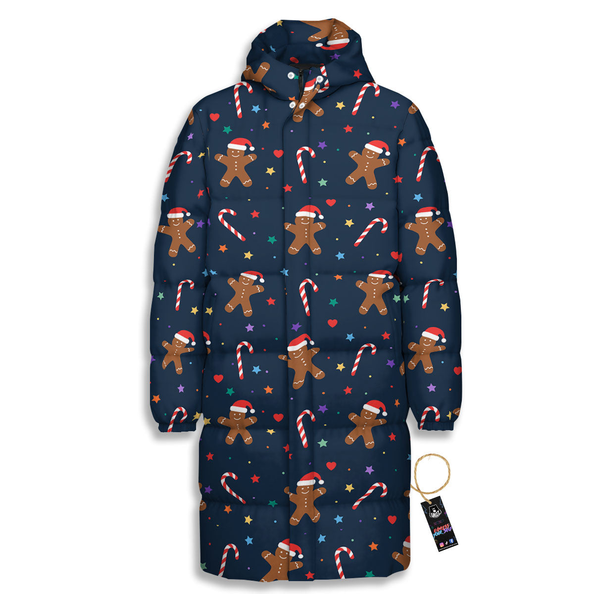 Gingerbread Xmas Print Pattern Long Down Jacket-grizzshop