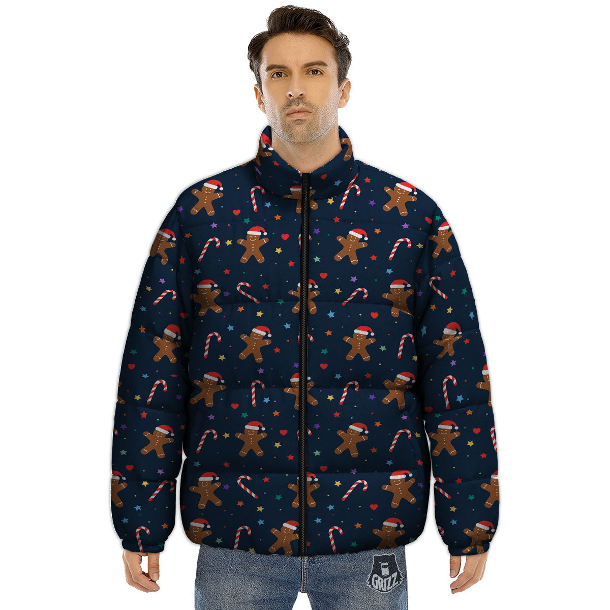 Gingerbread Xmas Print Pattern Puffer Jacket-grizzshop