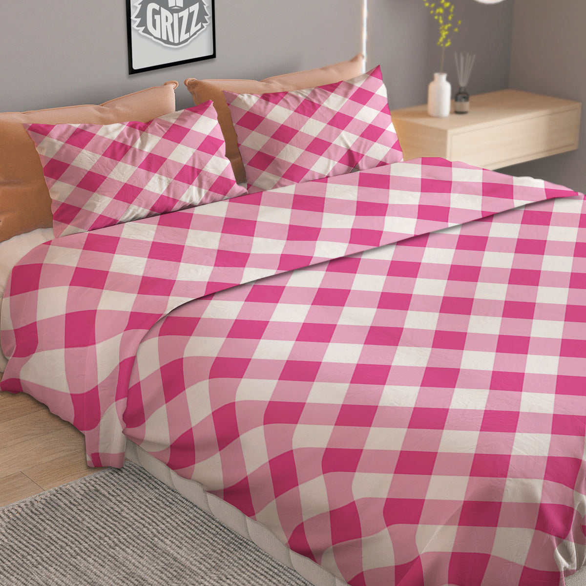 Gingham Black And Pink Magenta Print Duvet Cover Bedding Set