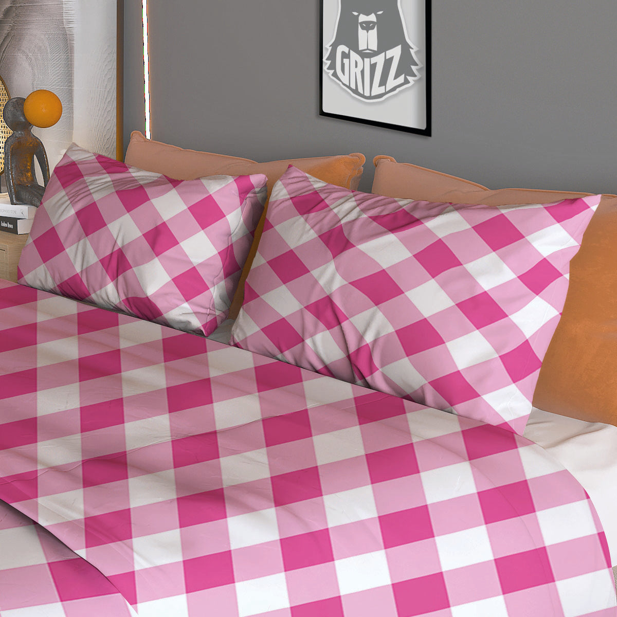 Gingham Black And Pink Magenta Print Duvet Cover Bedding Set