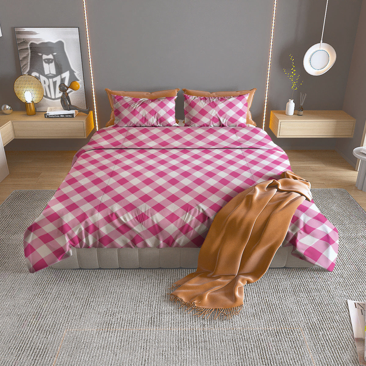 Gingham Black And Pink Magenta Print Duvet Cover Bedding Set