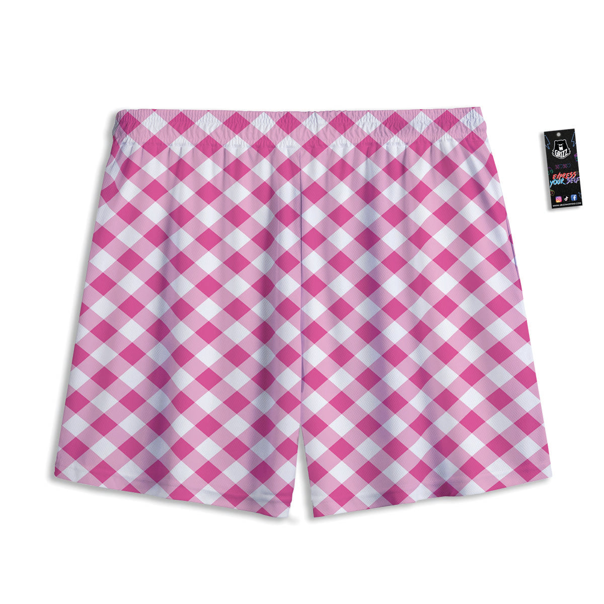 Gingham Black And Pink Magenta Print Mesh Shorts