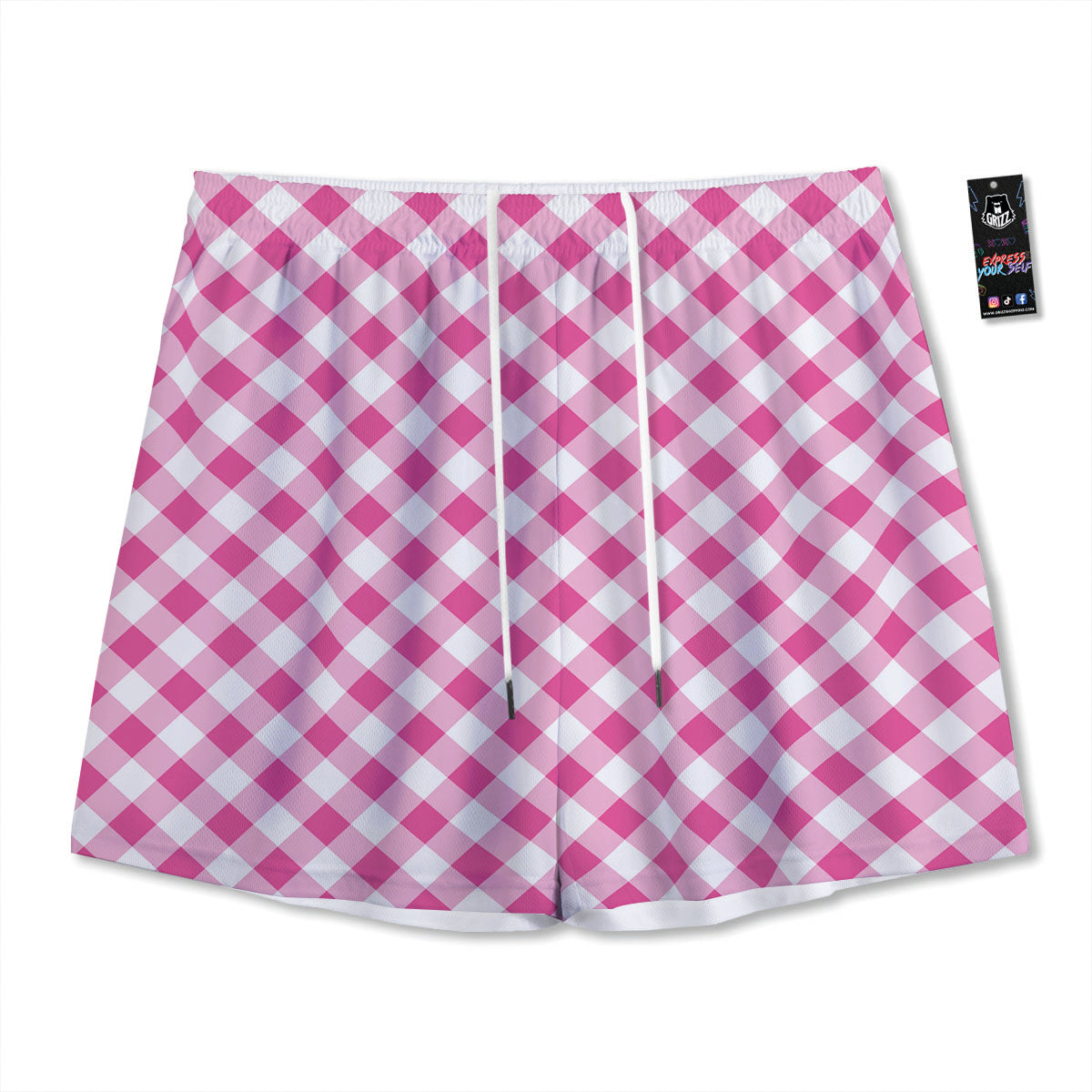 Gingham Black And Pink Magenta Print Mesh Shorts