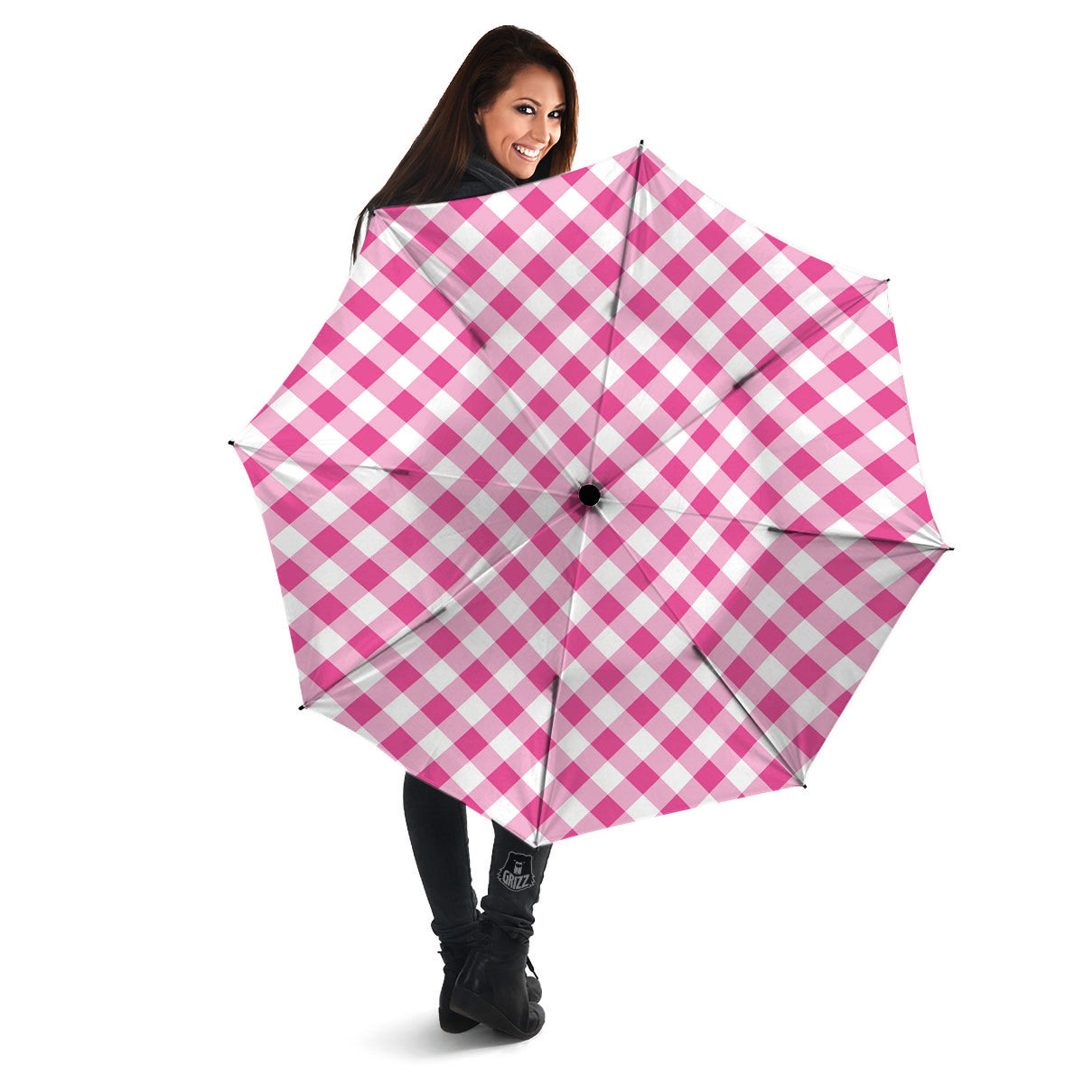 Gingham Black And Pink Magenta Print Umbrella-grizzshop