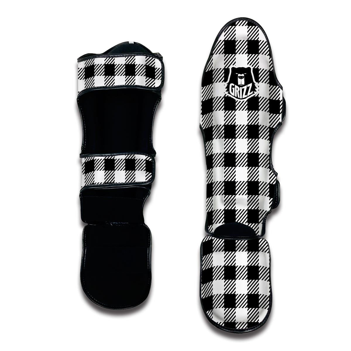 Gingham Black Pattern Print Muay Thai Shin Guards-grizzshop