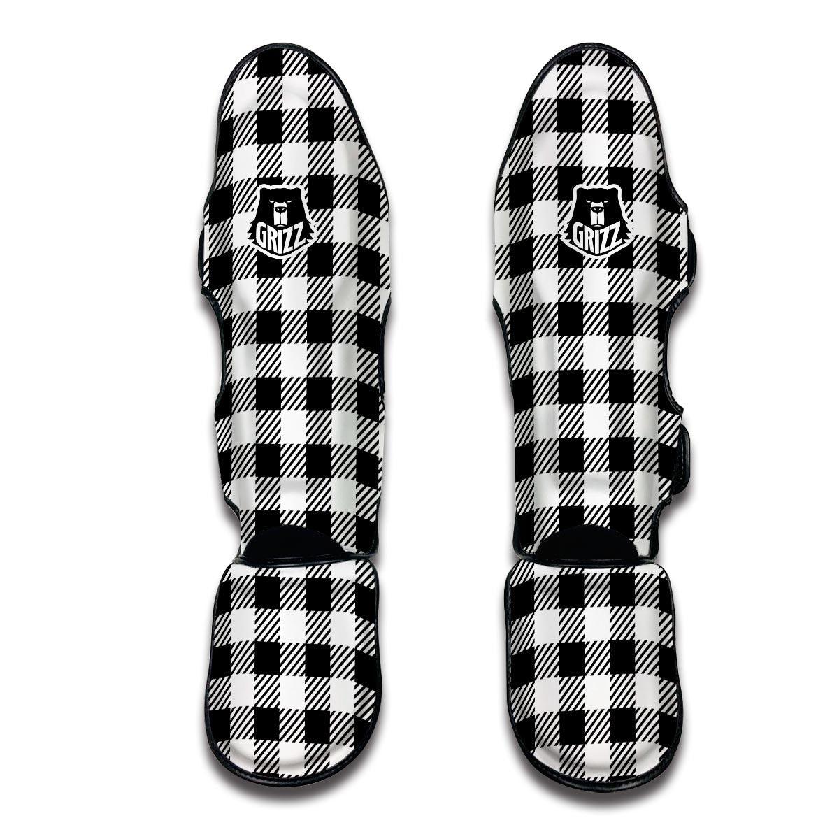 Gingham Black Pattern Print Muay Thai Shin Guards-grizzshop