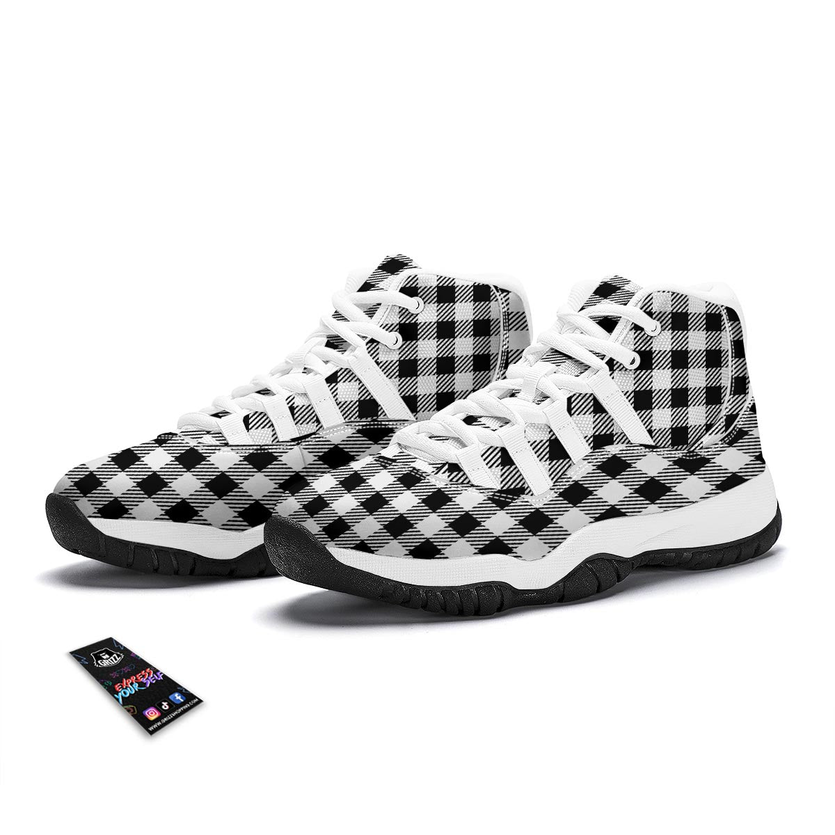 Gingham Black Pattern Print White Bball Shoes-grizzshop
