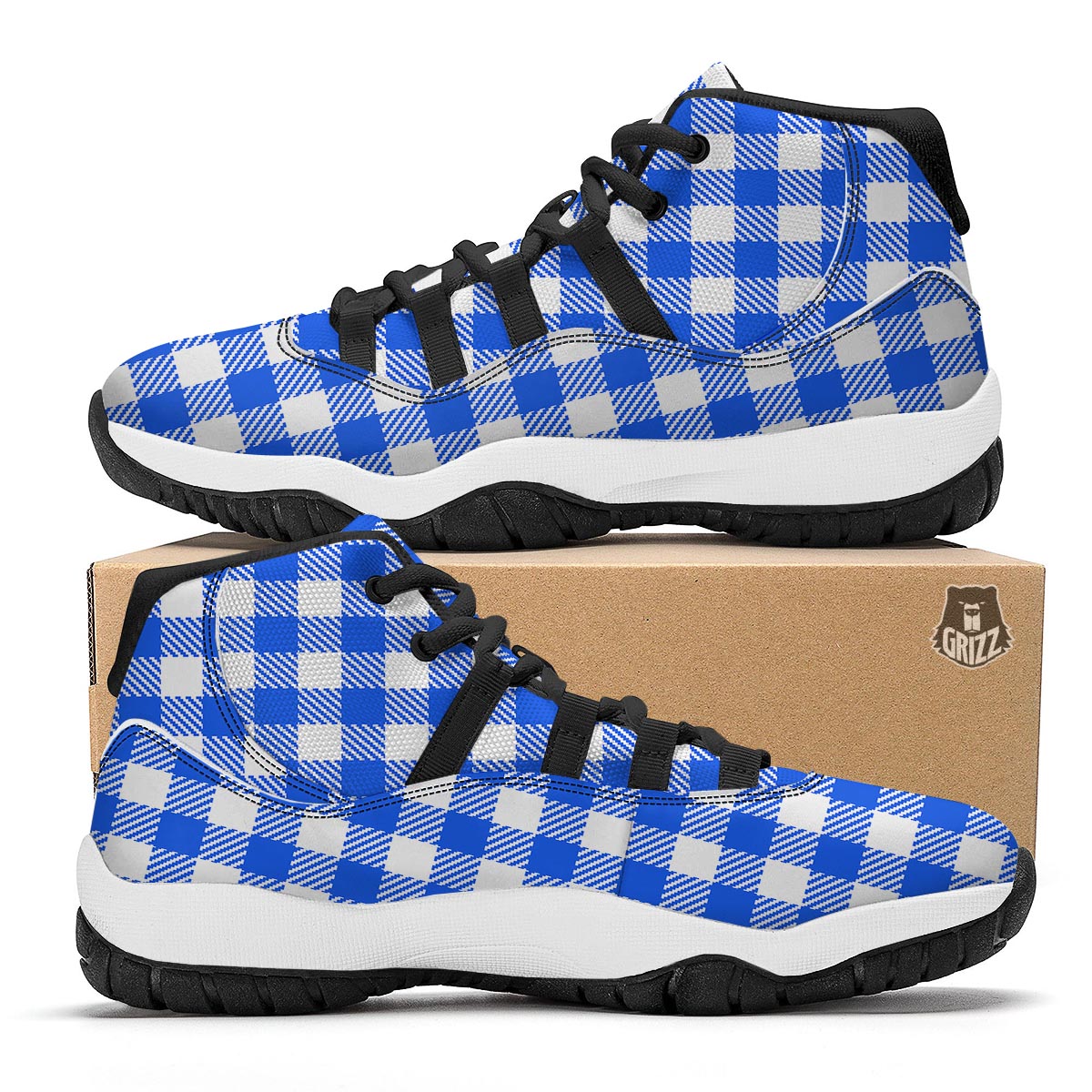 Gingham Blue Pattern Print Black Bball Shoes-grizzshop
