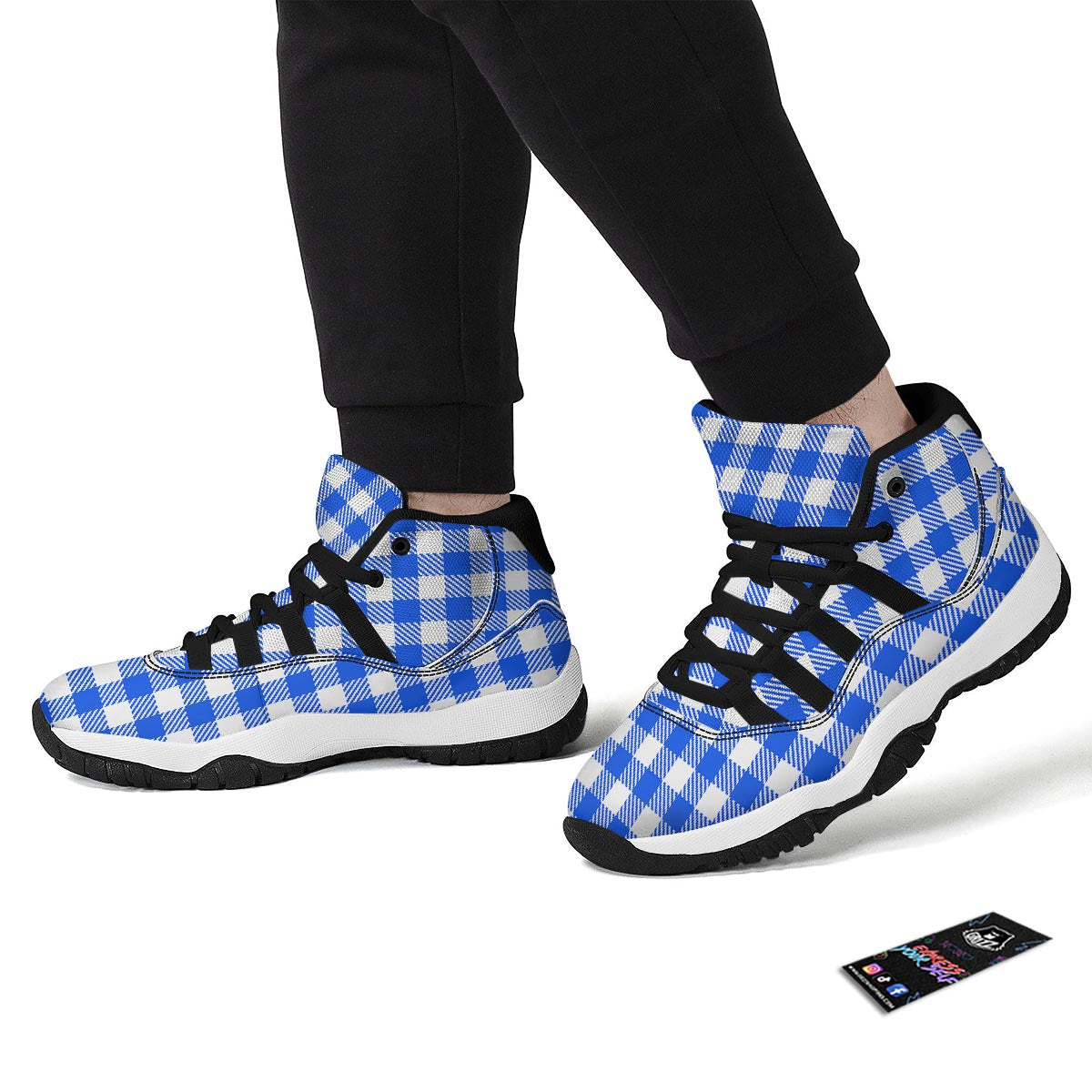 Gingham Blue Pattern Print Black Bball Shoes-grizzshop