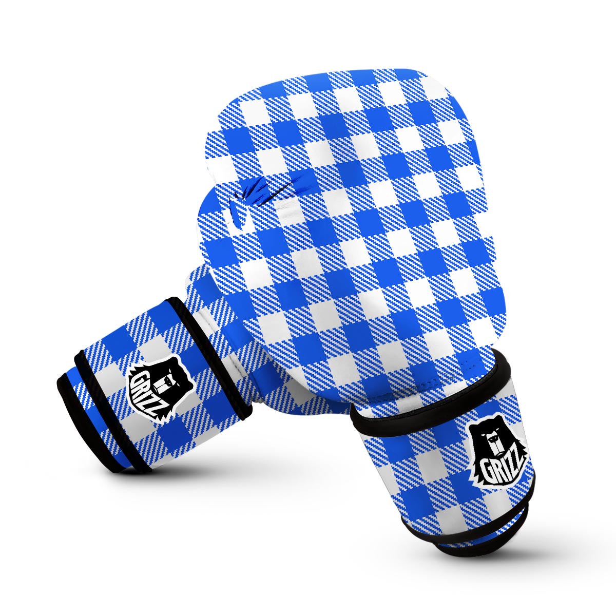 Gingham Blue Pattern Print Boxing Gloves-grizzshop