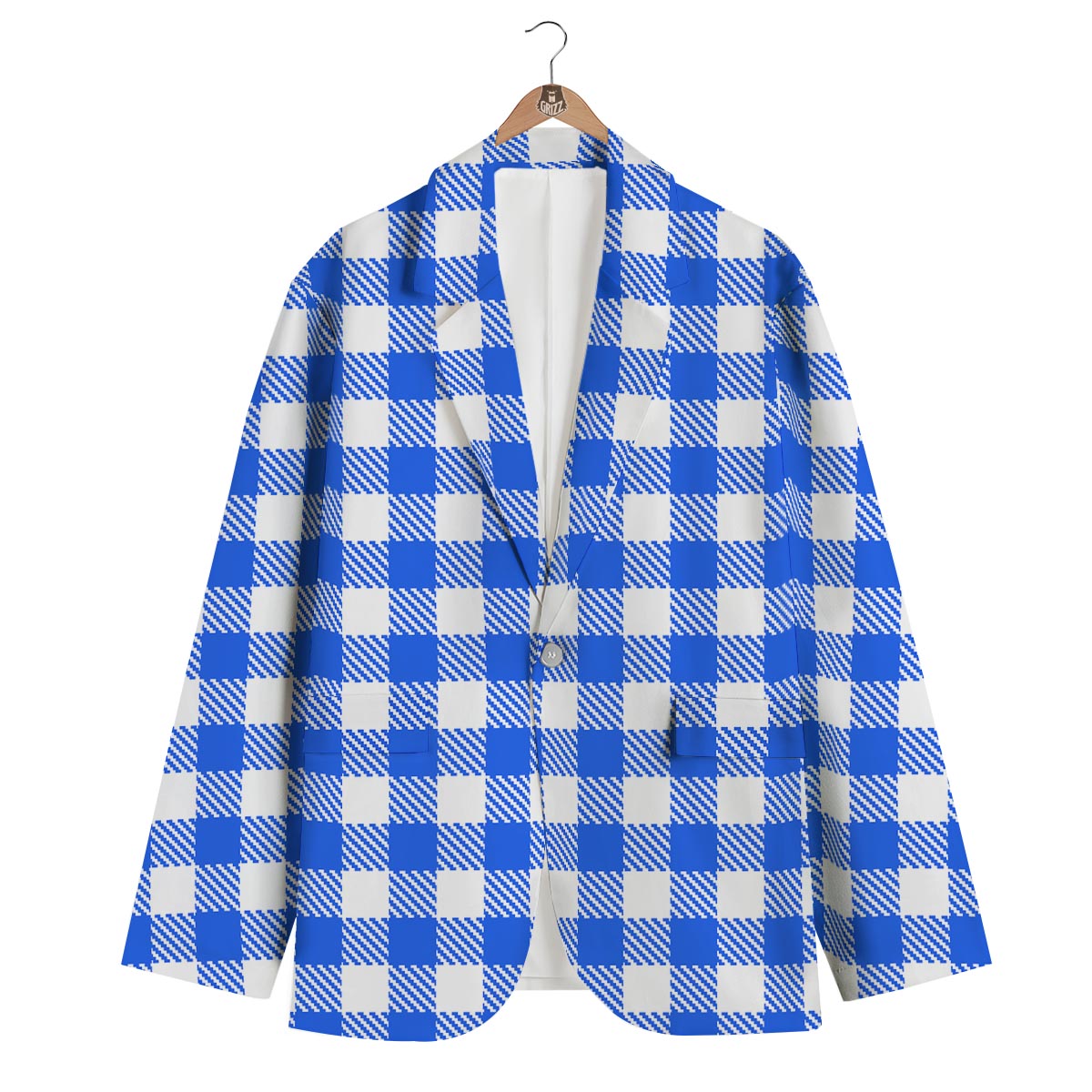 Gingham Blue Pattern Print Men's Blazer-grizzshop