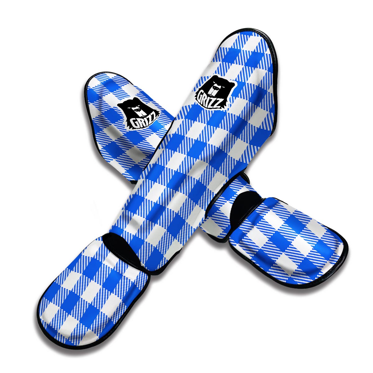 Gingham Blue Pattern Print Muay Thai Shin Guards-grizzshop