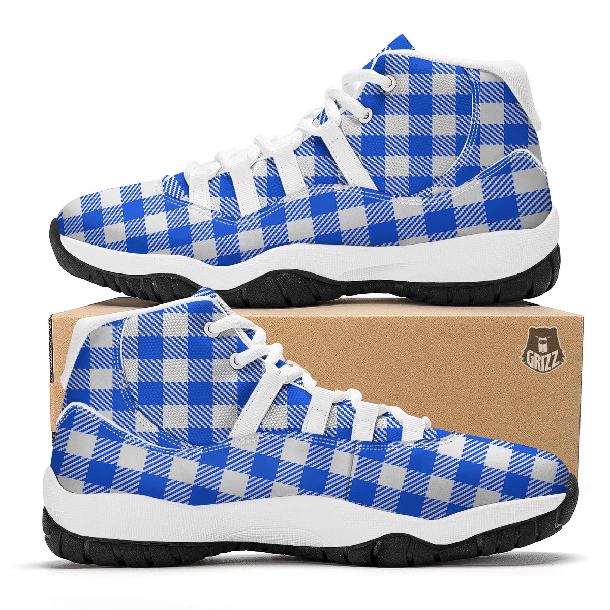 Gingham Blue Pattern Print White Bball Shoes-grizzshop