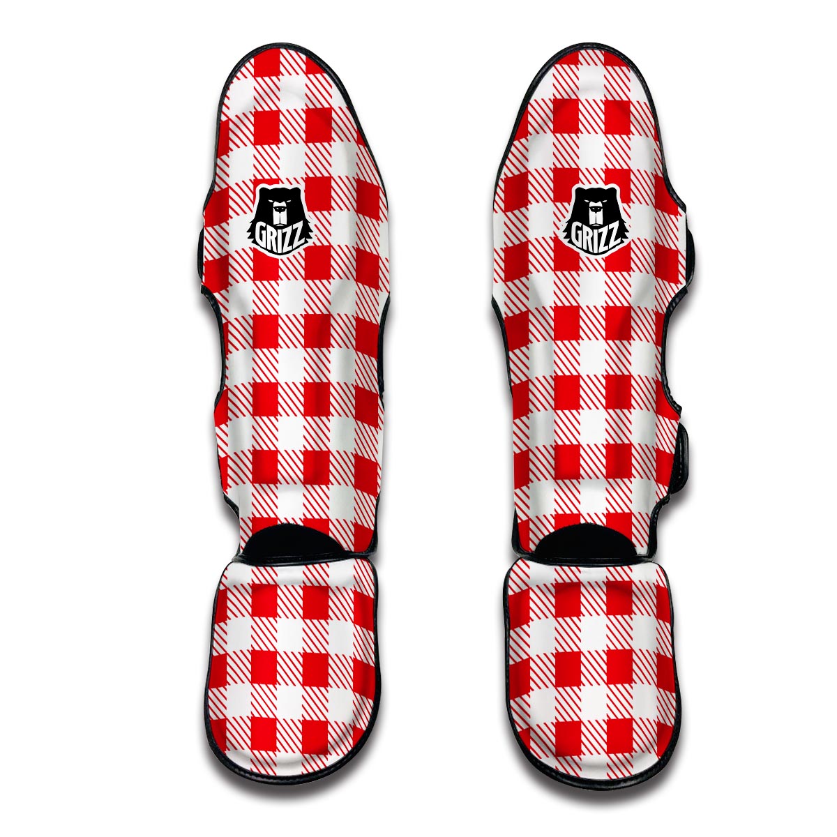 Gingham Red Pattern Print Muay Thai Shin Guards-grizzshop