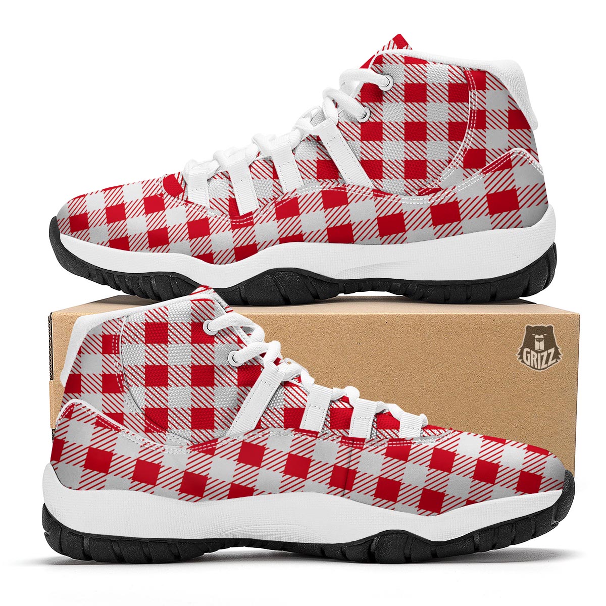 Gingham Red Pattern Print White Bball Shoes-grizzshop