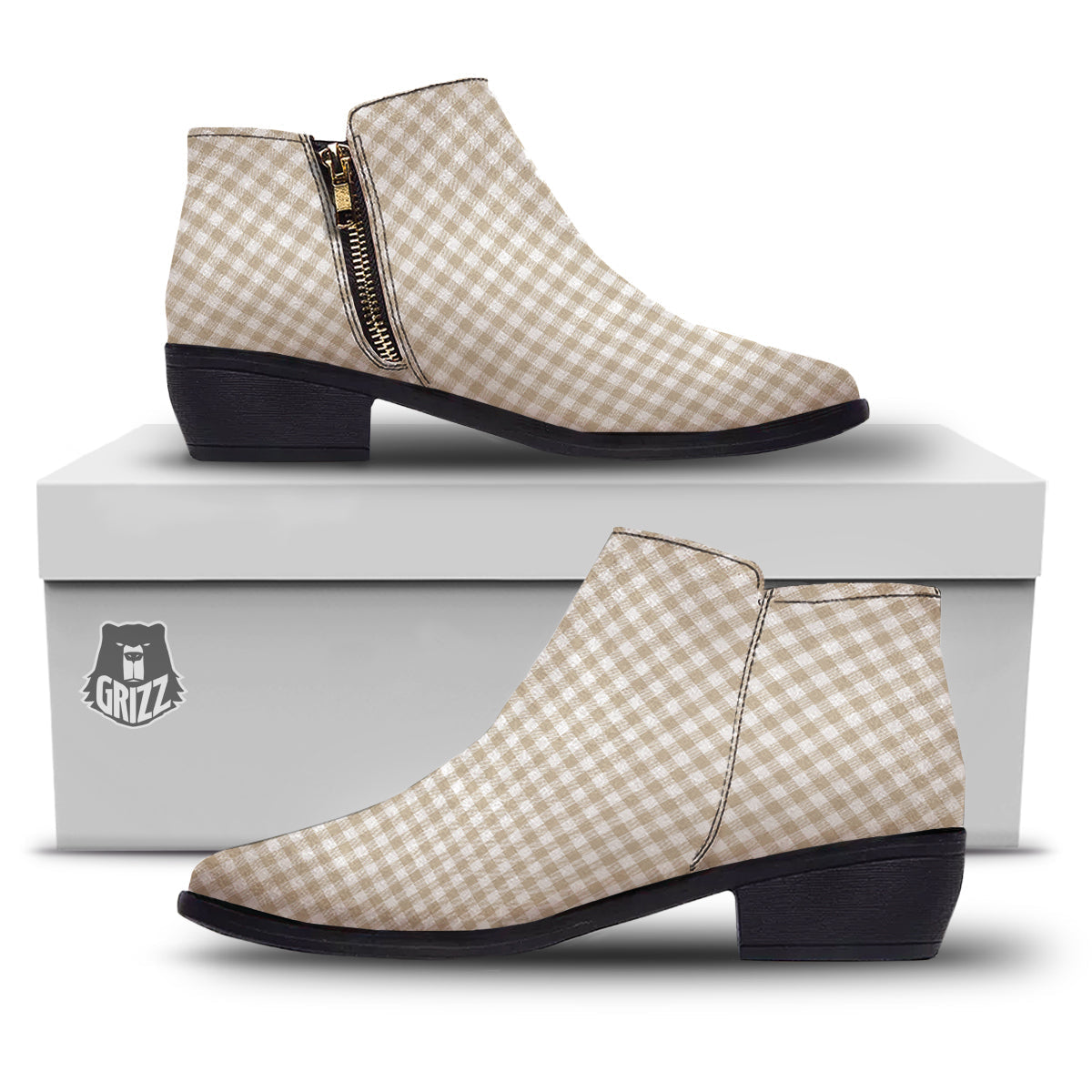 Gingham White And Beige Print Pattern Ankle Boots-grizzshop
