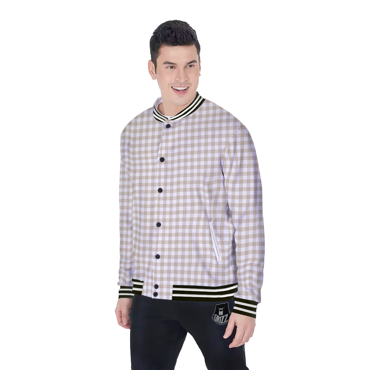 Gingham White And Beige Print Pattern Baseball Jacket-grizzshop