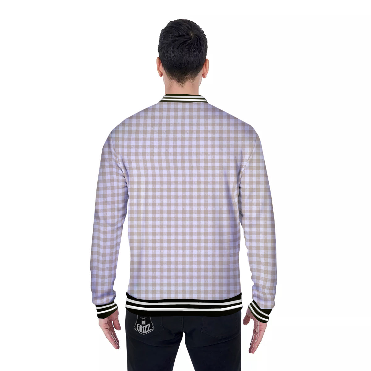 Gingham White And Beige Print Pattern Baseball Jacket-grizzshop