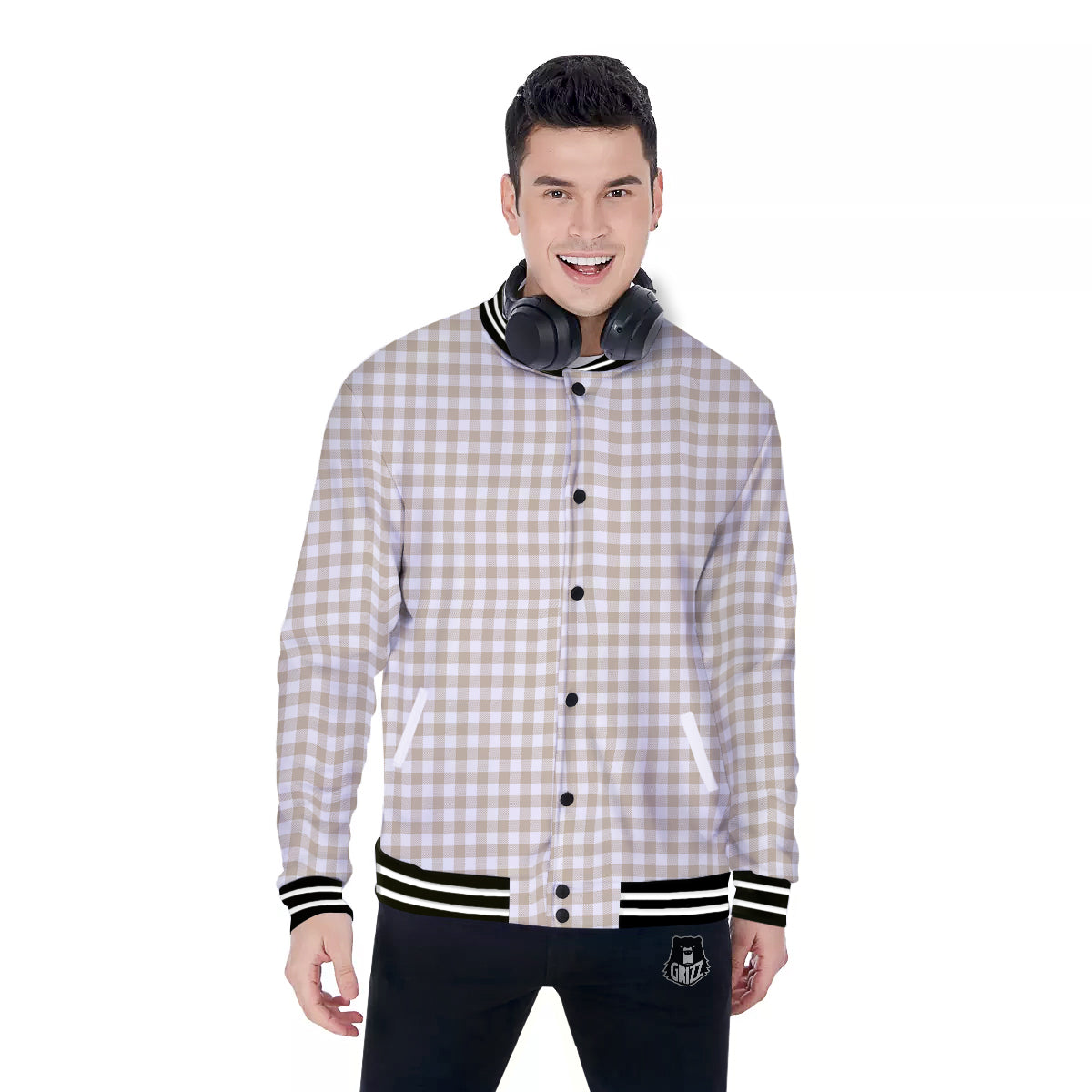Gingham White And Beige Print Pattern Baseball Jacket-grizzshop