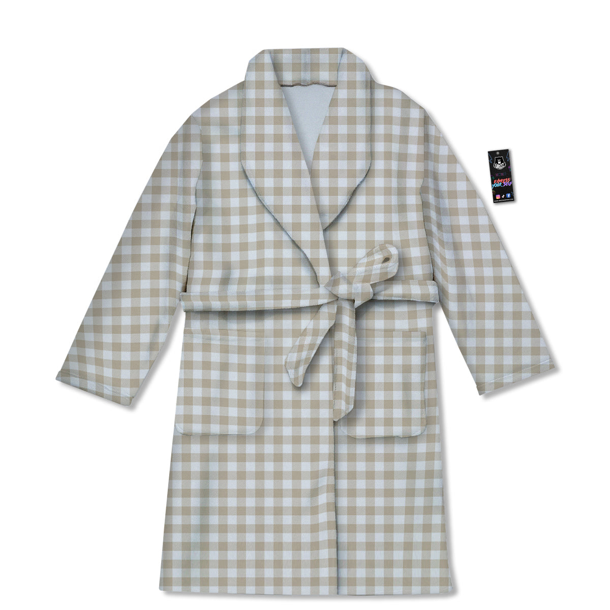 Gingham White And Beige Print Pattern Bathrobe-grizzshop