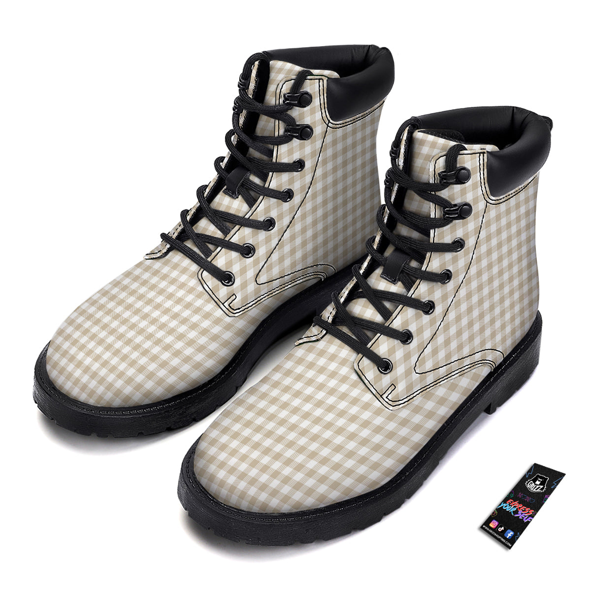 Gingham White And Beige Print Pattern Boots-grizzshop
