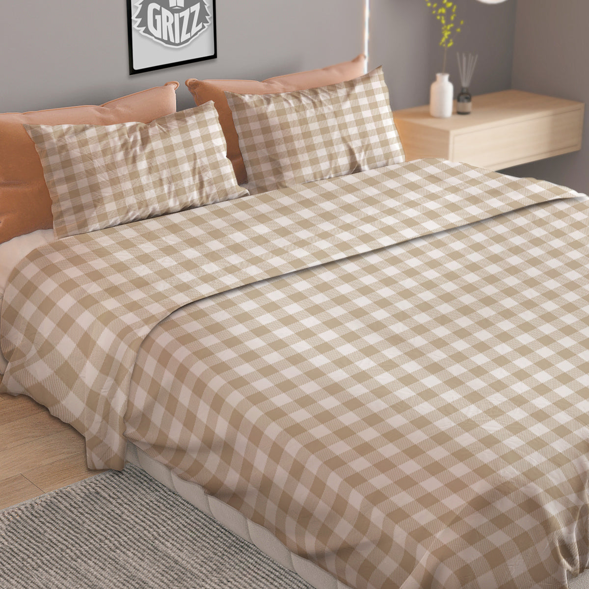 Gingham White And Beige Print Pattern Duvet Cover Bedding Set