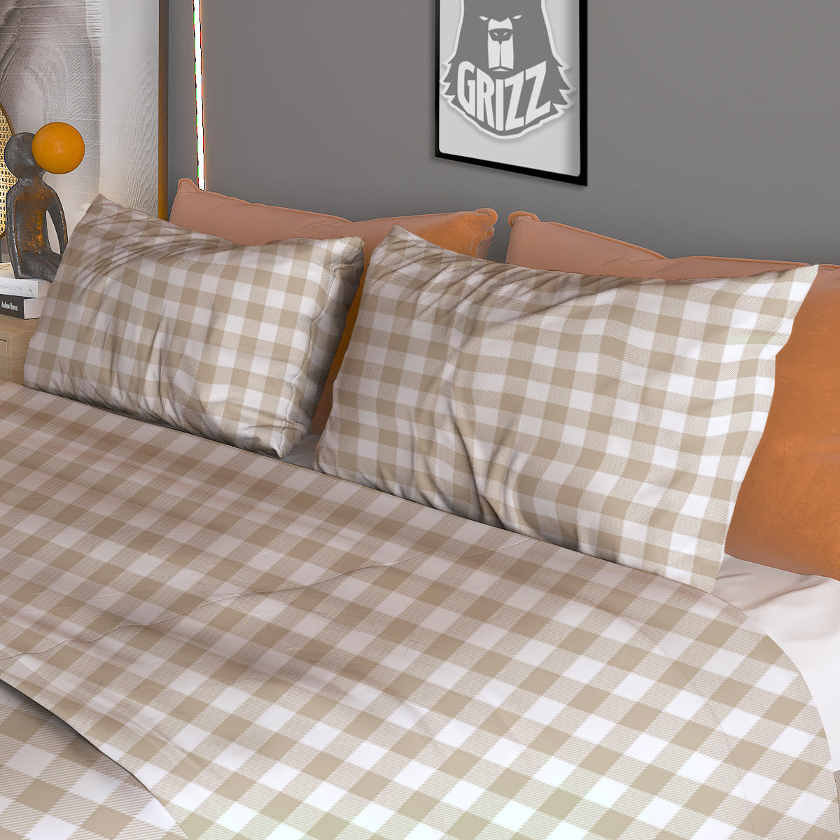Gingham White And Beige Print Pattern Duvet Cover Bedding Set