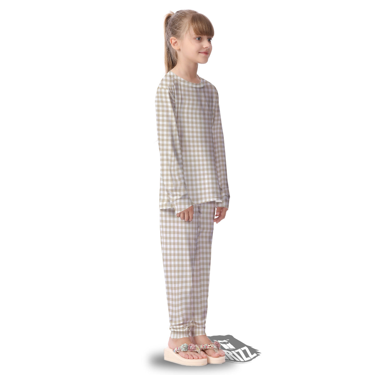 Gingham White And Beige Print Pattern Kid's Pajamas-grizzshop