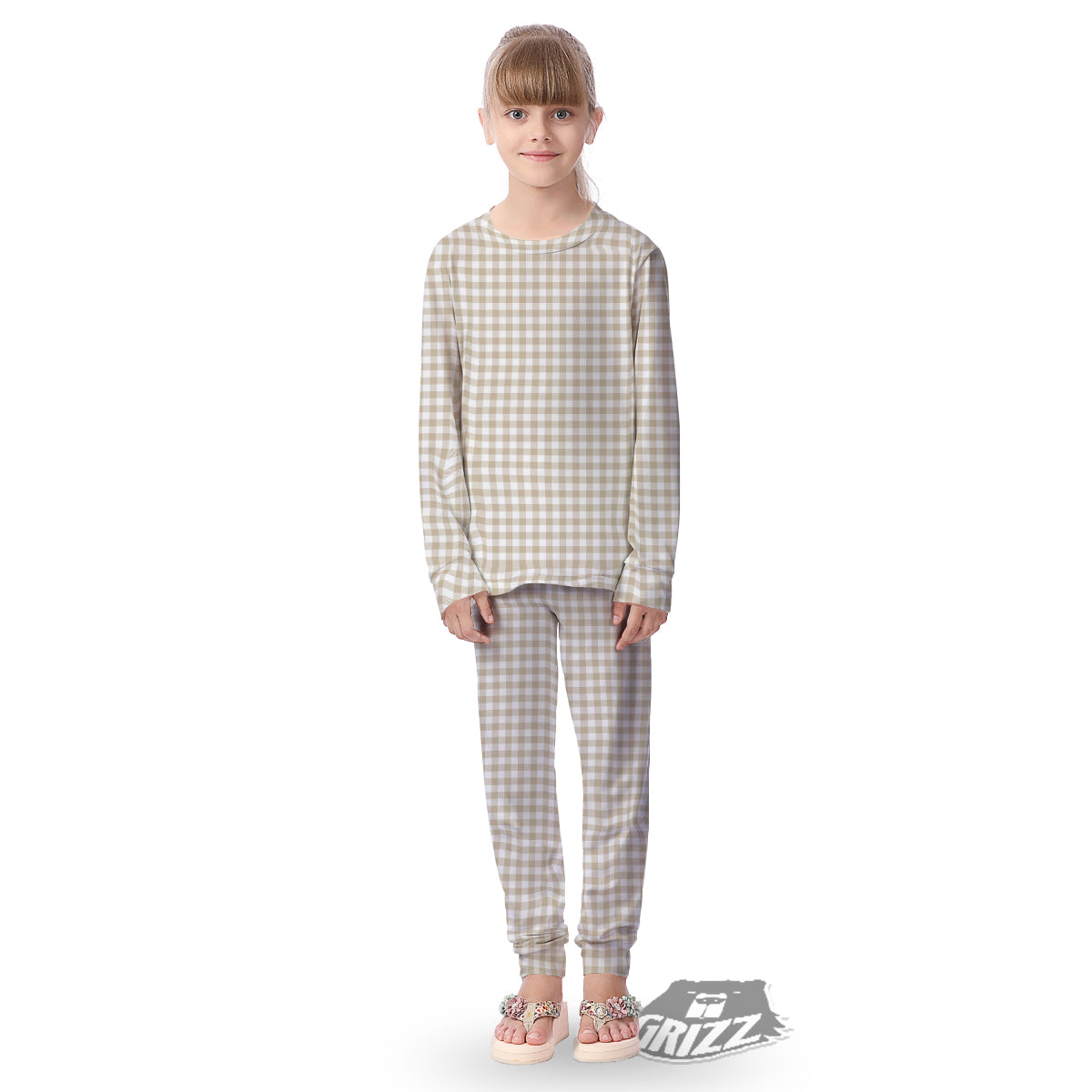 Gingham White And Beige Print Pattern Kid's Pajamas-grizzshop