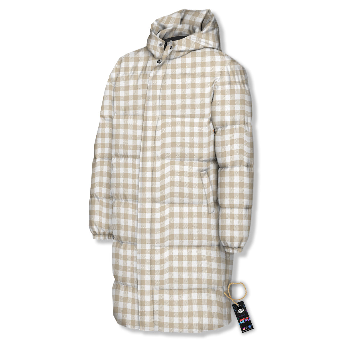 Gingham White And Beige Print Pattern Long Down Jacket-grizzshop