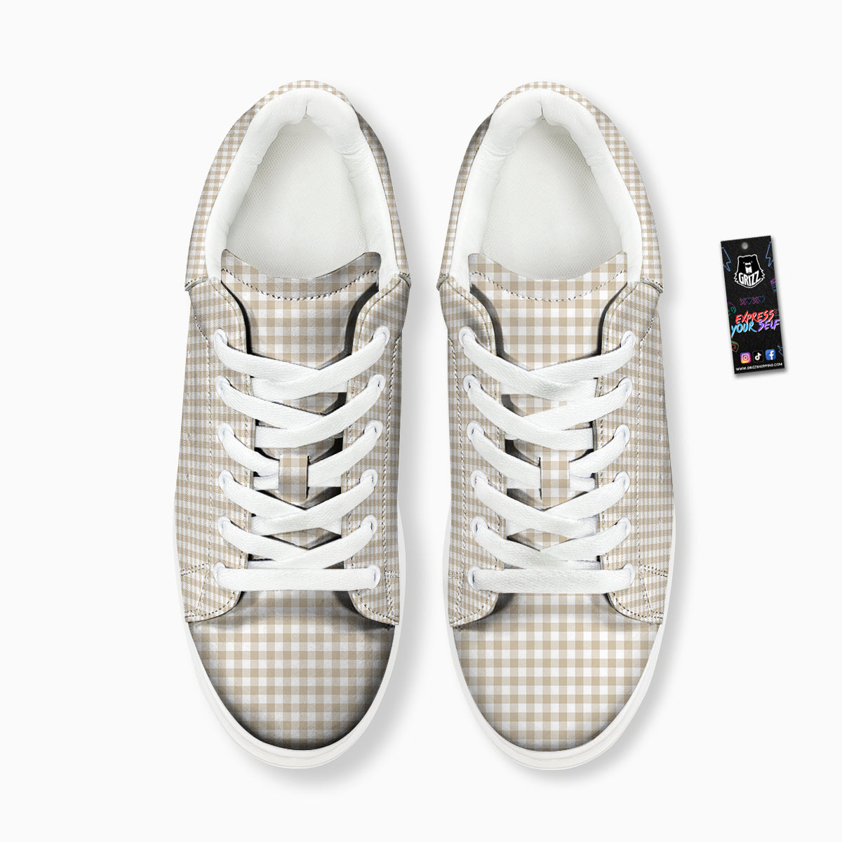 Gingham White And Beige Print Pattern Platform Shoes-grizzshop