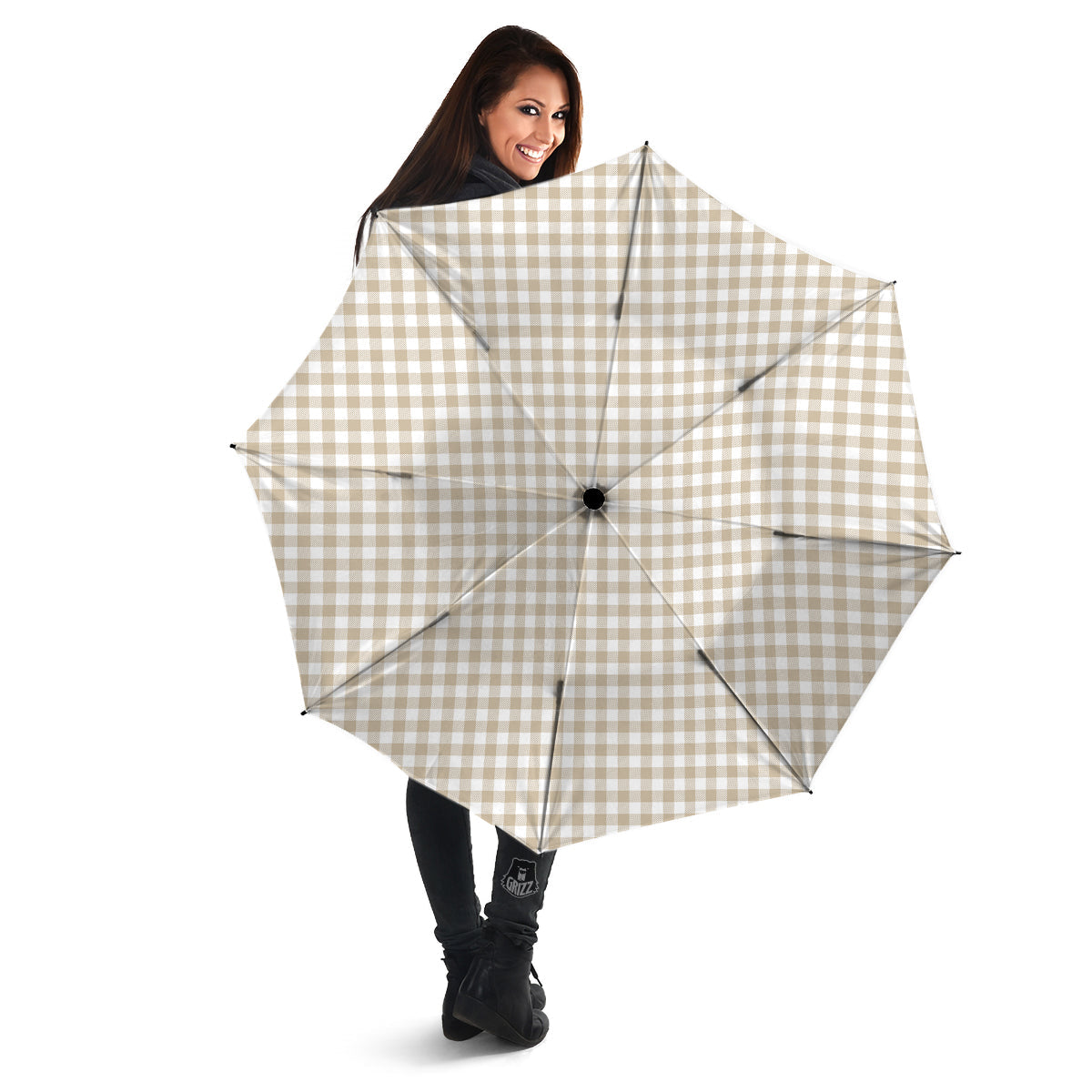Gingham White And Beige Print Pattern Umbrella-grizzshop