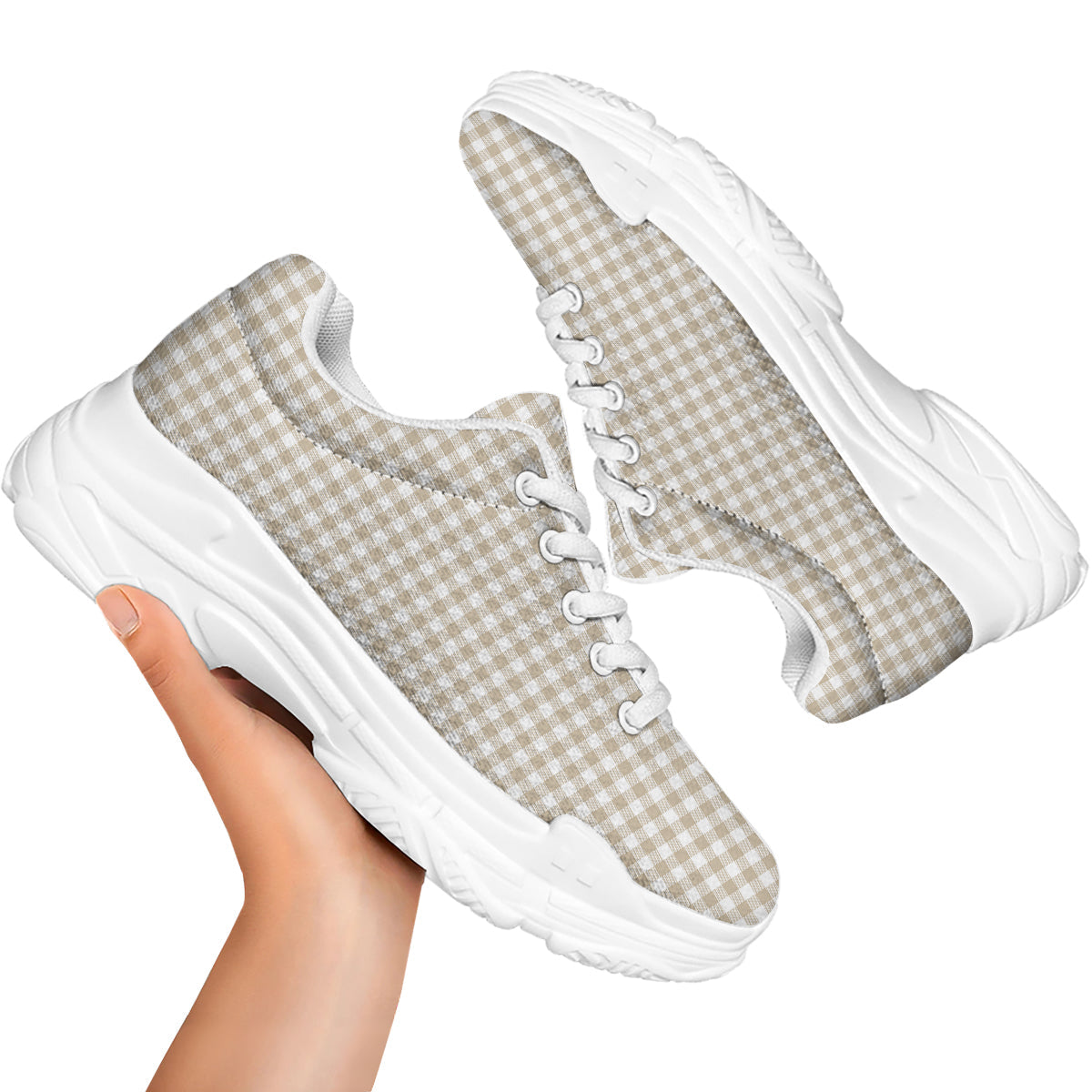 Gingham White And Beige Print Pattern White Chunky Shoes-grizzshop