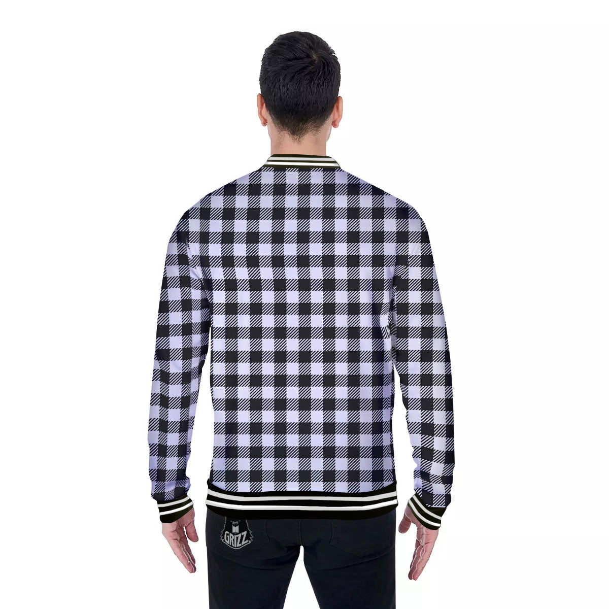 Gingham White And Black Print Pattern Baseball Jacket-grizzshop