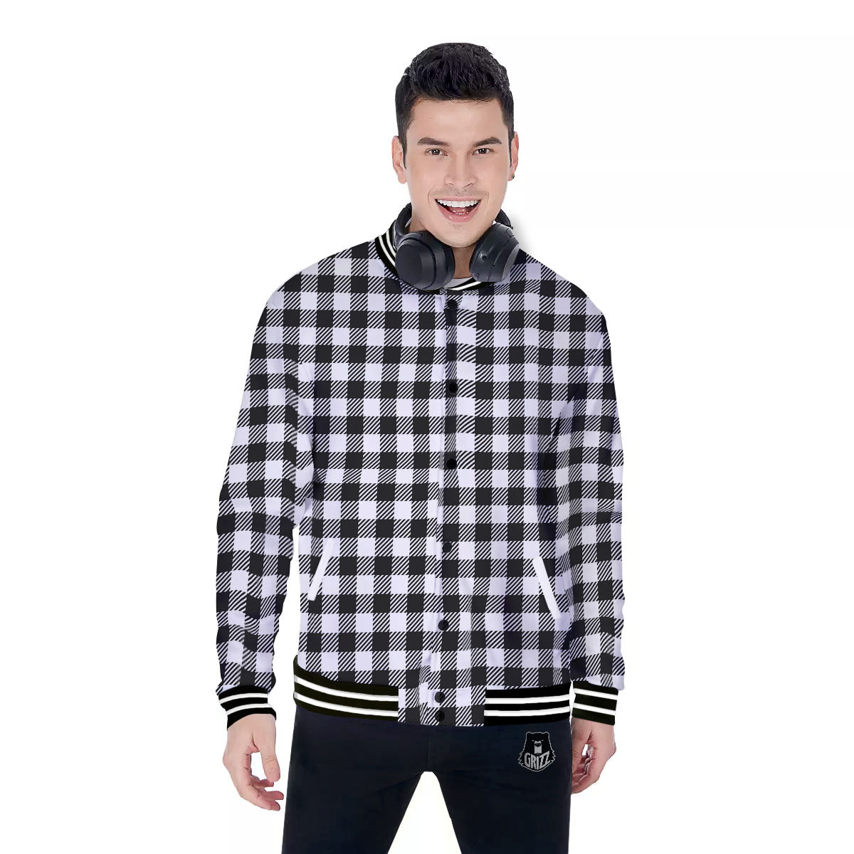 Gingham White And Black Print Pattern Baseball Jacket-grizzshop