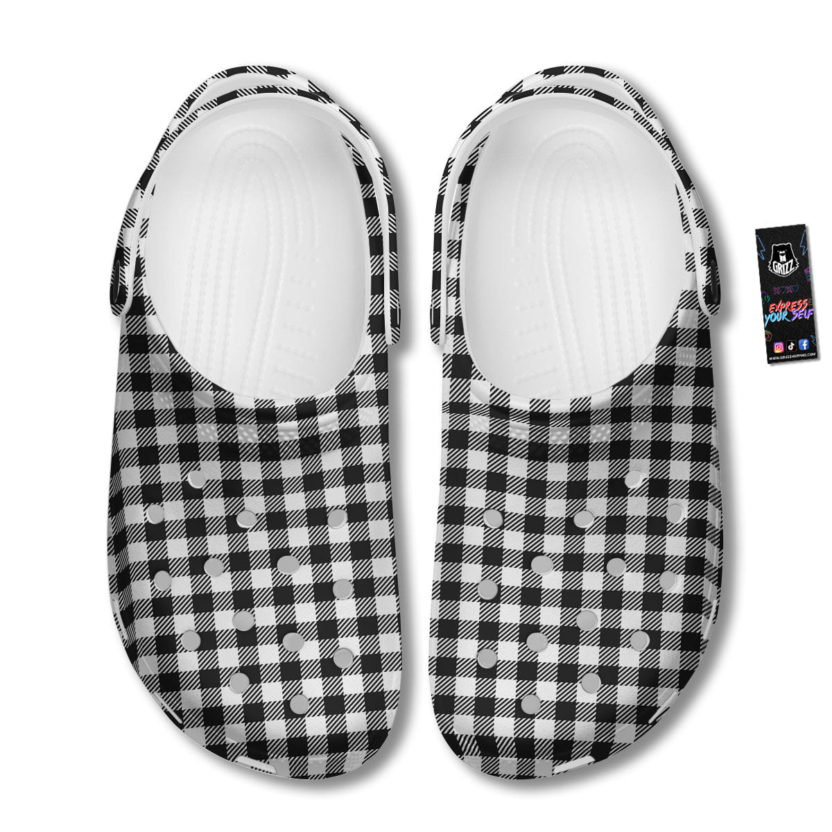 Gingham White And Black Print Pattern Clog-grizzshop