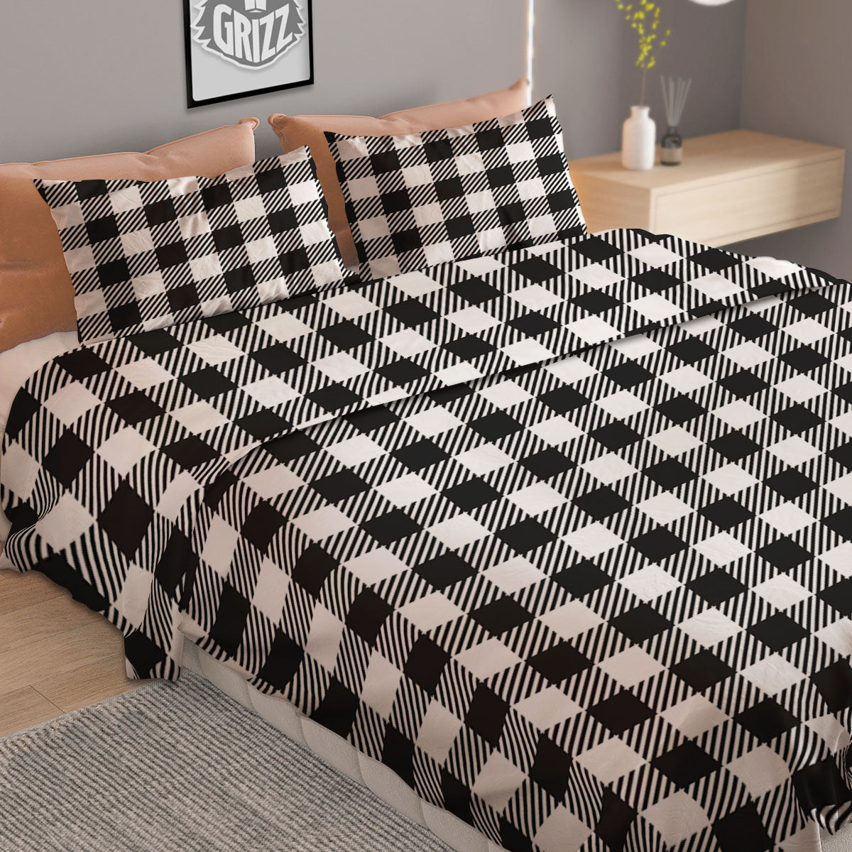Gingham White And Black Print Pattern Duvet Cover Bedding Set