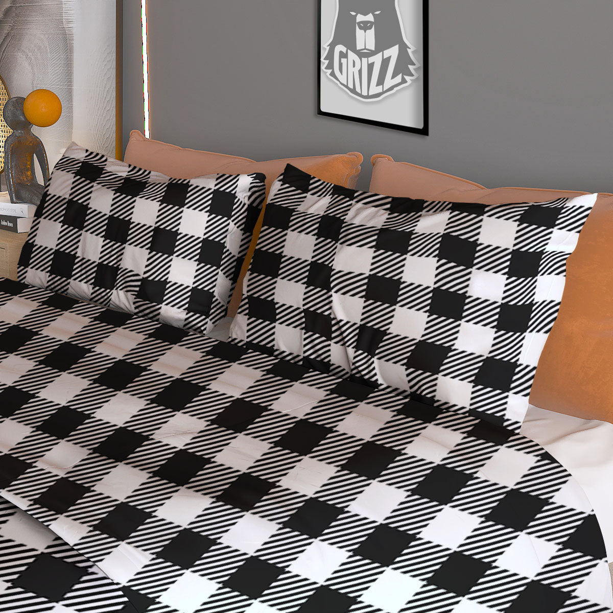 Gingham White And Black Print Pattern Duvet Cover Bedding Set