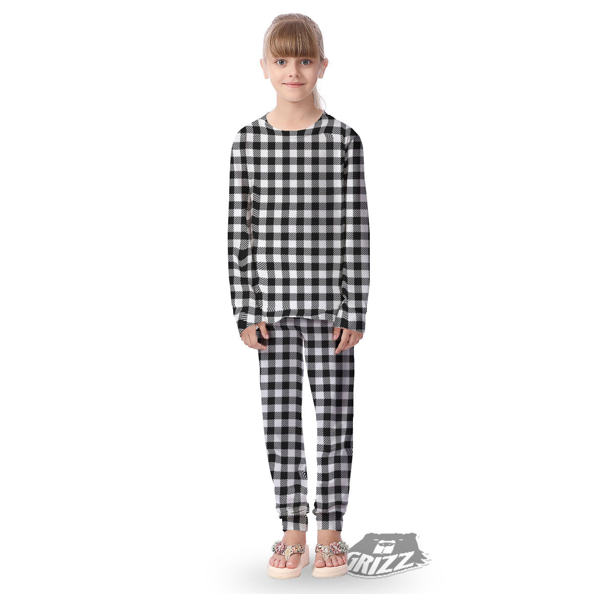 Gingham White And Black Print Pattern Kid's Pajamas-grizzshop