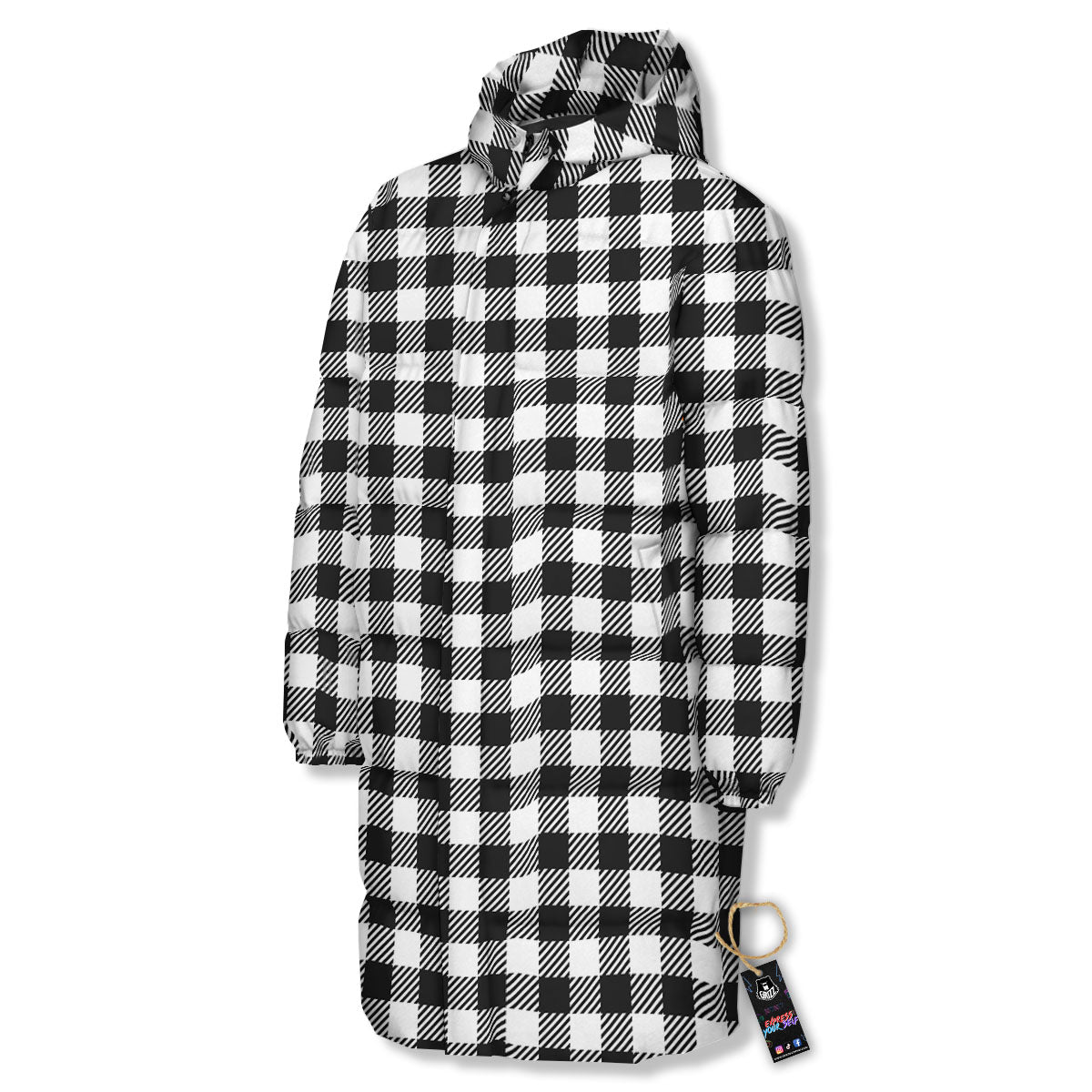 Gingham White And Black Print Pattern Long Down Jacket-grizzshop