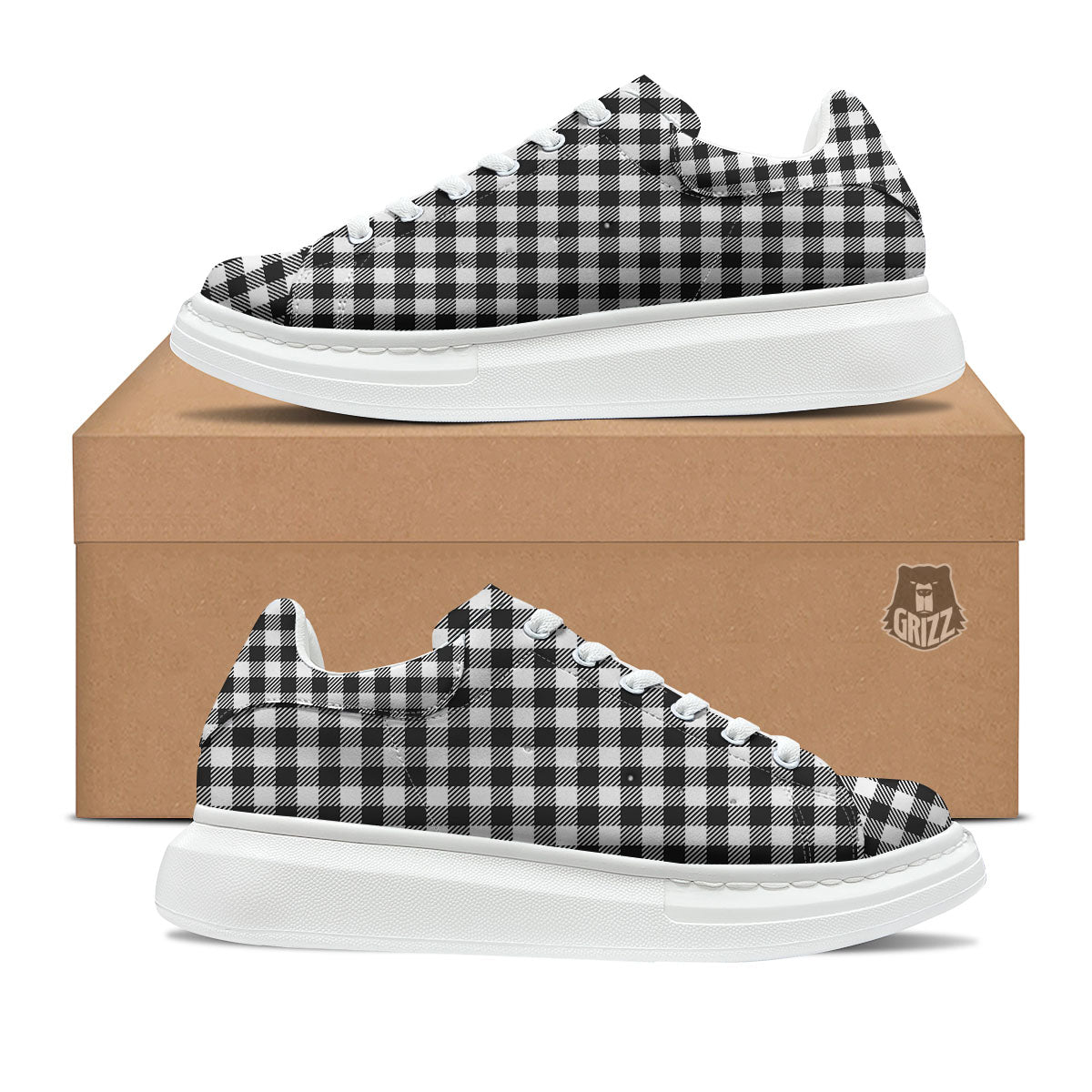 Gingham White And Black Print Pattern Platform Shoes-grizzshop