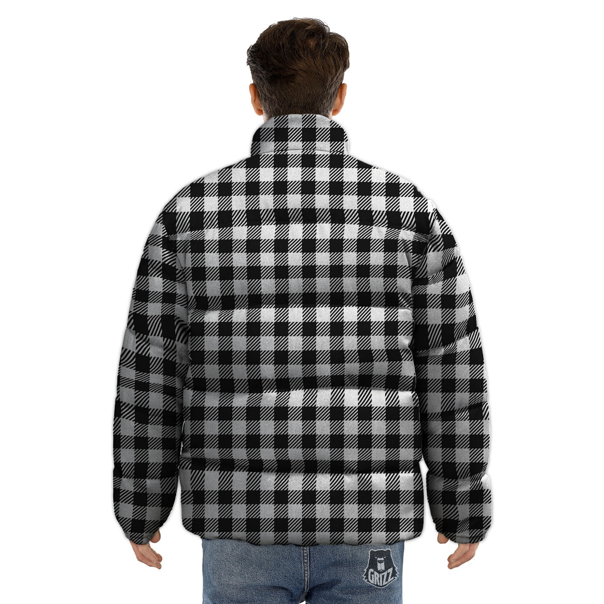 Gingham White And Black Print Pattern Puffer Jacket-grizzshop