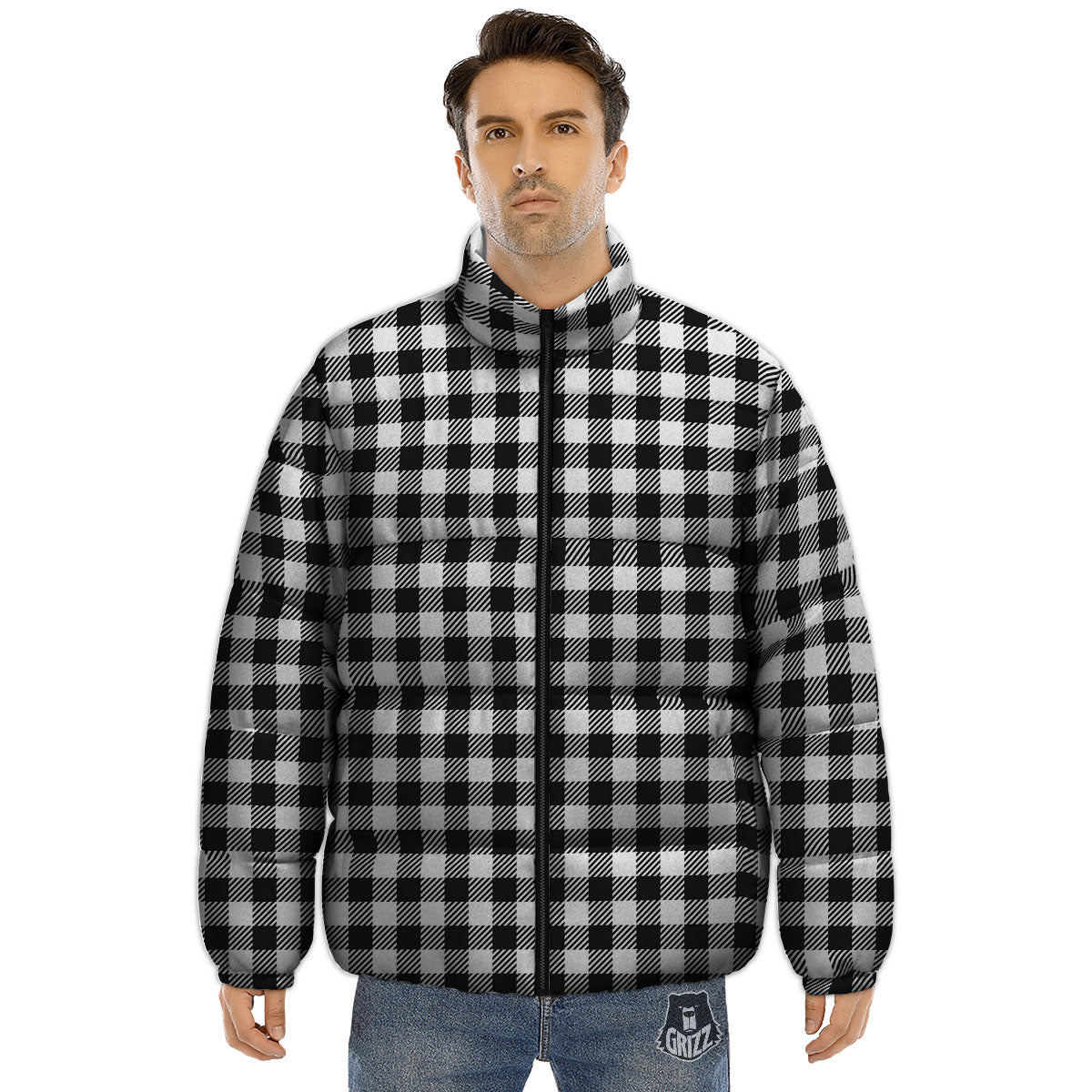 Gingham White And Black Print Pattern Puffer Jacket-grizzshop