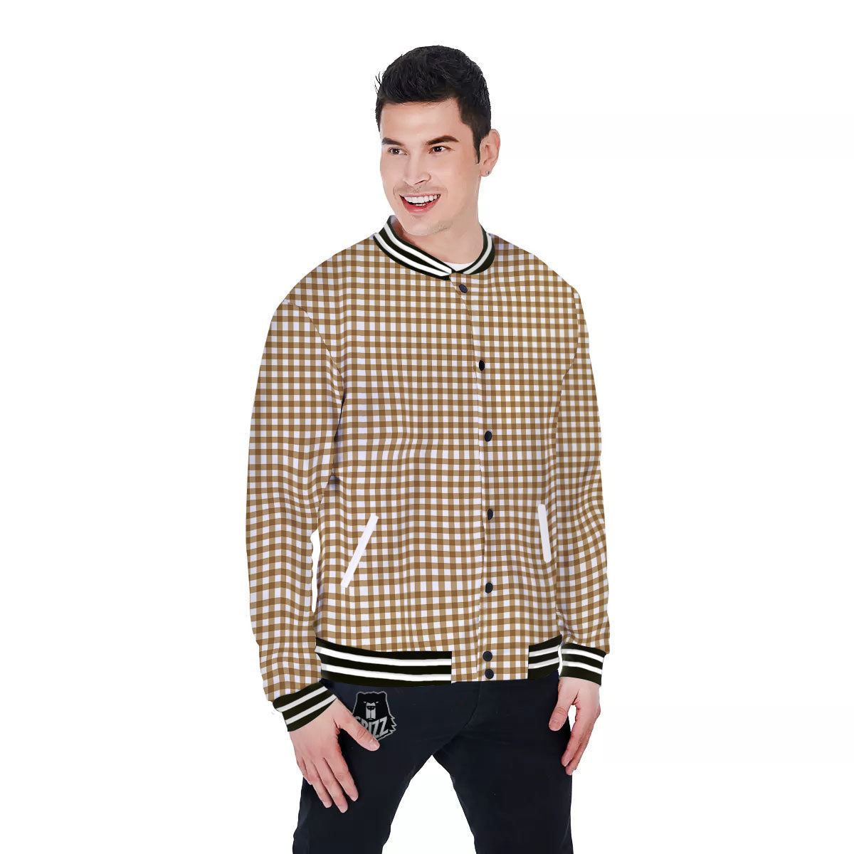 Gingham White And Brown Print Pattern Baseball Jacket-grizzshop